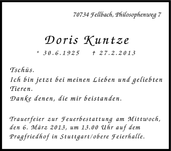Traueranzeige von Doris Kuntze von Stuttgarter Zeitung / Stuttgarter Nachrichten