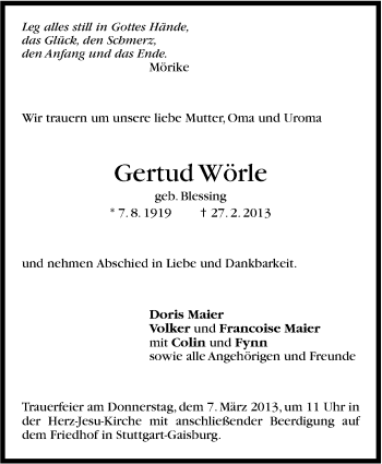 Traueranzeige von Gertud Wörle von Stuttgarter Zeitung / Stuttgarter Nachrichten