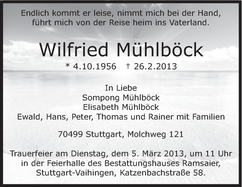  Traueranzeige für Wilfried Mühlboeck vom 04.03.2013 aus Stuttgarter Zeitung / Stuttgarter Nachrichten