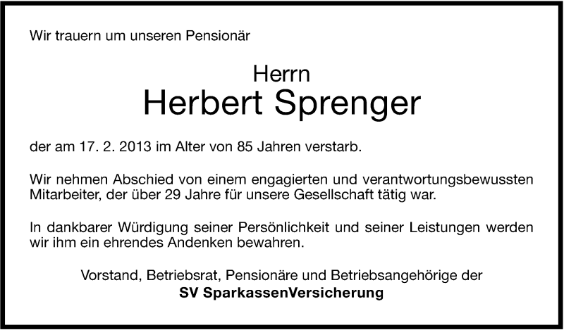  Traueranzeige für Herbert Sprenger vom 02.03.2013 aus Stuttgarter Zeitung / Stuttgarter Nachrichten