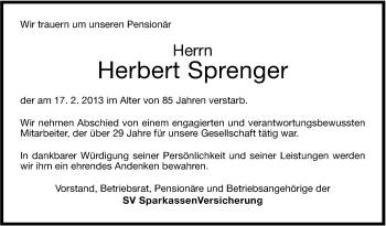 Traueranzeige von Herbert Sprenger von Stuttgarter Zeitung / Stuttgarter Nachrichten