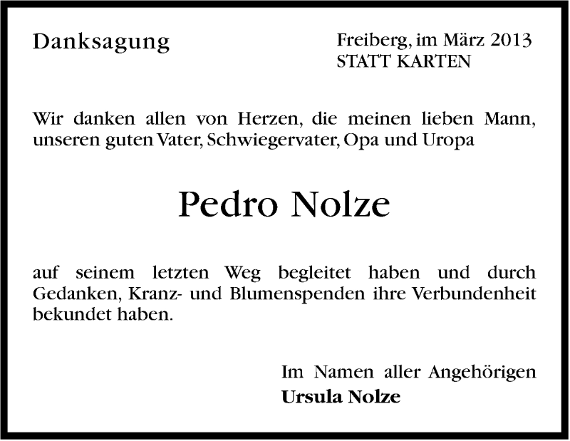  Traueranzeige für Pedro Nolze vom 02.03.2013 aus Stuttgarter Zeitung / Stuttgarter Nachrichten
