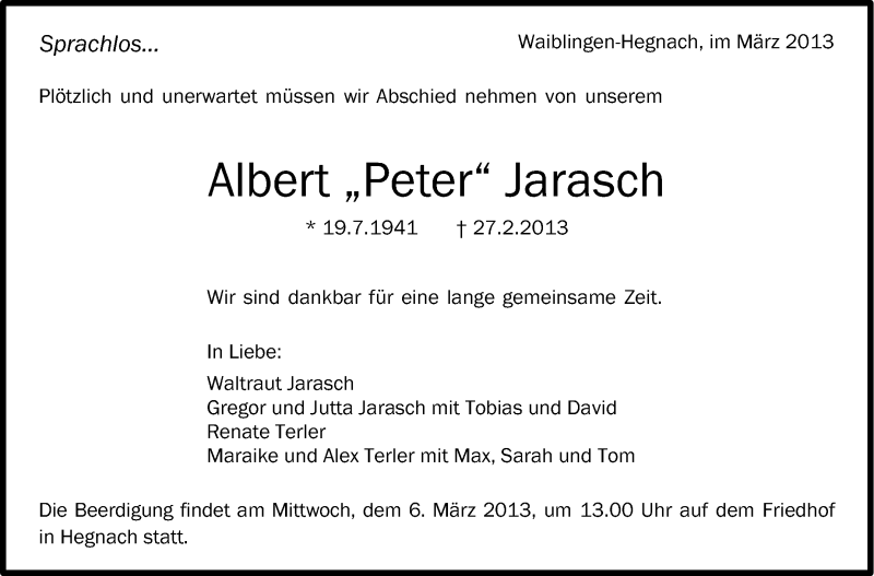  Traueranzeige für Albert Jarasch vom 02.03.2013 aus Stuttgarter Zeitung / Stuttgarter Nachrichten