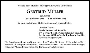 Traueranzeige von Gertrud Müller von Stuttgarter Zeitung / Stuttgarter Nachrichten