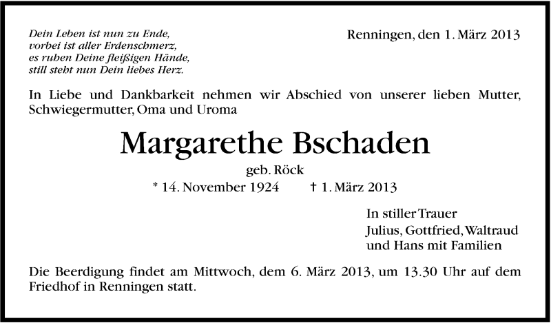  Traueranzeige für Margarethe Bschaden vom 04.03.2013 aus Leonberger Kreiszeitung / Strohgäu Extra
