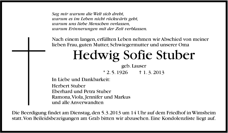 Traueranzeige für Hedwig Sofie Stuber vom 04.03.2013 aus Leonberger Kreiszeitung / Strohgäu Extra