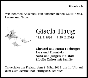Traueranzeige von Gisela Haug von Stuttgarter Zeitung / Stuttgarter Nachrichten