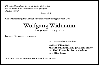 Traueranzeige von Wolfgang Widmann von Stuttgarter Zeitung / Stuttgarter Nachrichten