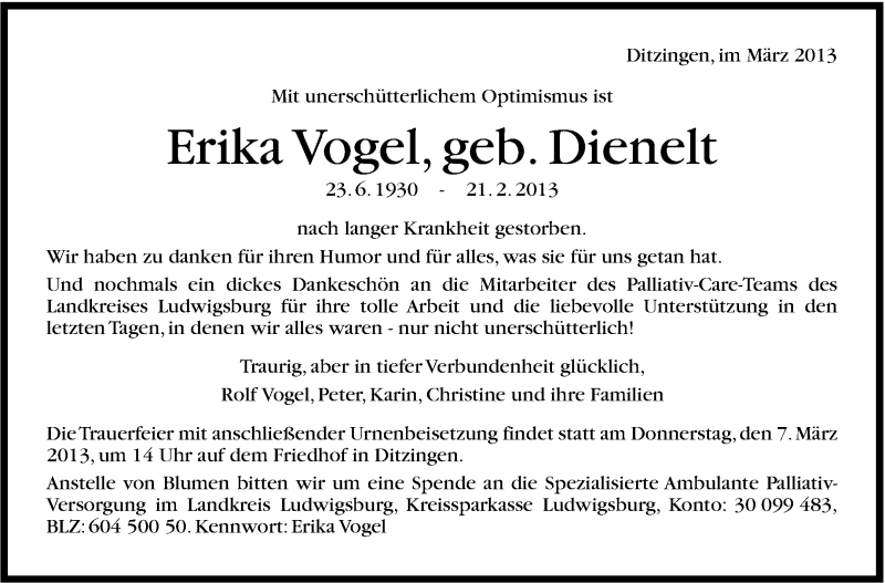  Traueranzeige für Erika Vogel vom 05.03.2013 aus Stuttgarter Zeitung / Stuttgarter Nachrichten