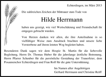 Traueranzeige von Hilde Herrmann von Stuttgarter Zeitung / Stuttgarter Nachrichten