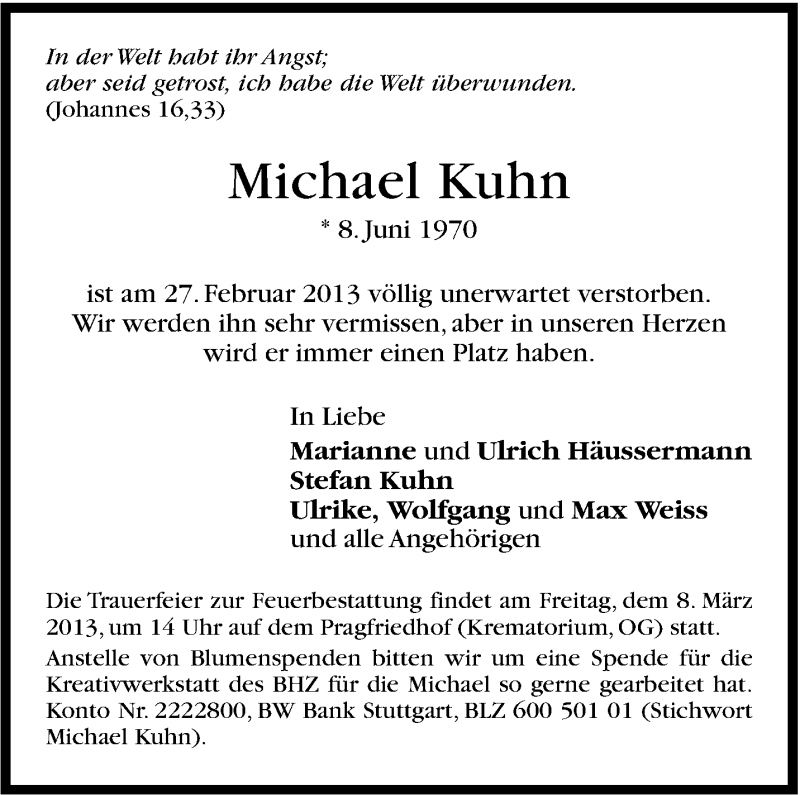  Traueranzeige für Michael Kuhn vom 05.03.2013 aus Stuttgarter Zeitung / Stuttgarter Nachrichten