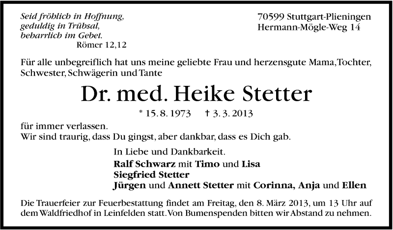  Traueranzeige für Heike Stetter vom 05.03.2013 aus Stuttgarter Zeitung / Stuttgarter Nachrichten