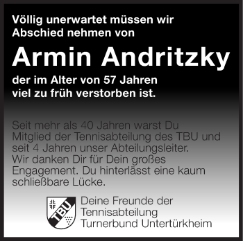 Traueranzeige von Armin Andritzky von Stuttgarter Zeitung / Stuttgarter Nachrichten
