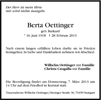 Traueranzeige von Berta Oettinger von Stuttgarter Zeitung / Stuttgarter Nachrichten