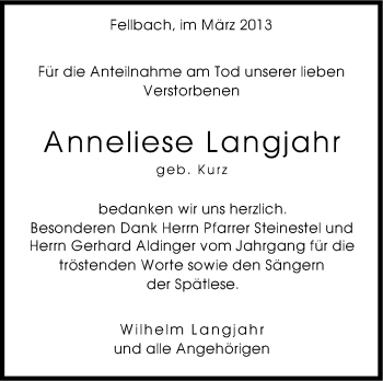 Traueranzeige von Anneliese Langjahr von Stuttgarter Zeitung / Stuttgarter Nachrichten