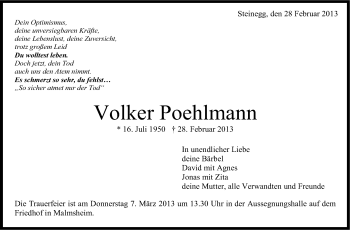 Traueranzeige von Volker Poehlmann von Stuttgarter Zeitung / Stuttgarter Nachrichten