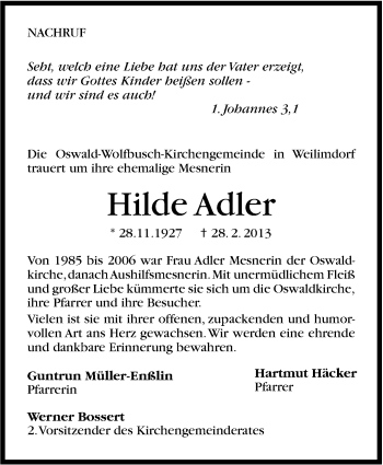 Traueranzeige von Hilde Adler von Stuttgarter Zeitung / Stuttgarter Nachrichten