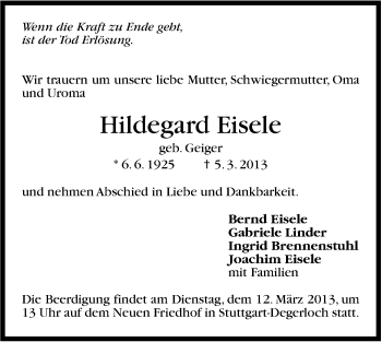 Traueranzeige von Hildegard Eisele von Stuttgarter Zeitung / Stuttgarter Nachrichten