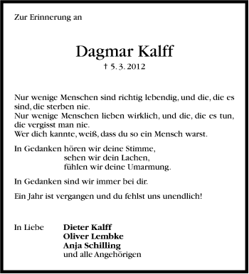 Traueranzeige von Dagmar Kalff von Stuttgarter Zeitung / Stuttgarter Nachrichten