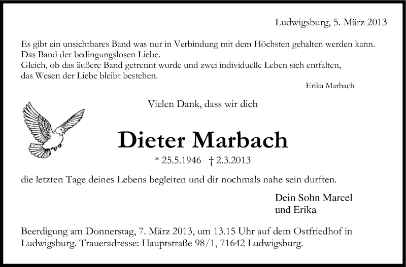  Traueranzeige für Dieter Marbach vom 06.03.2013 aus Stuttgarter Zeitung / Stuttgarter Nachrichten