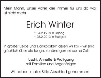Traueranzeige von Erich Winter von Stuttgarter Zeitung / Stuttgarter Nachrichten