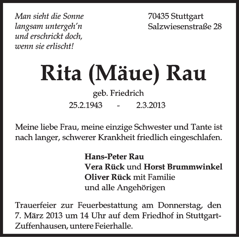  Traueranzeige für Rita Rau vom 06.03.2013 aus Stuttgarter Zeitung / Stuttgarter Nachrichten