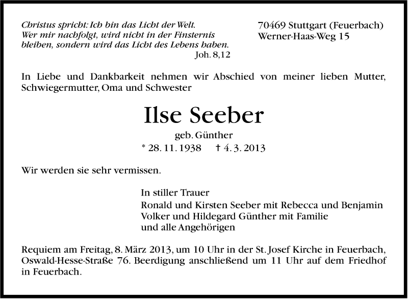  Traueranzeige für Ilse Seeber vom 06.03.2013 aus Stuttgarter Zeitung / Stuttgarter Nachrichten