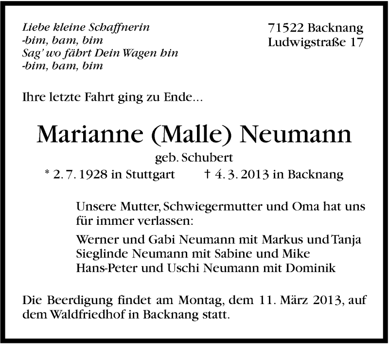  Traueranzeige für Marianne Neumann vom 08.03.2013 aus Stuttgarter Zeitung / Stuttgarter Nachrichten