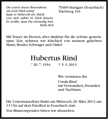 Traueranzeige von Hubertus Rind von Stuttgarter Zeitung / Stuttgarter Nachrichten