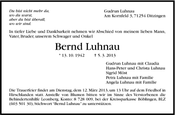 Traueranzeige von Bernd Luhnau von Stuttgarter Zeitung / Stuttgarter Nachrichten