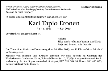Traueranzeige von Kari Tapio Eronen von Stuttgarter Zeitung / Stuttgarter Nachrichten