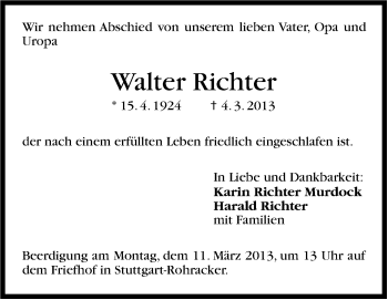Traueranzeige von Walter Richter von Stuttgarter Zeitung / Stuttgarter Nachrichten
