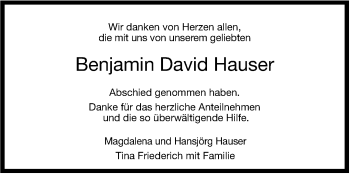 Traueranzeige von Benjamin David Hauser von Leonberger Kreiszeitung / Strohgäu Extra