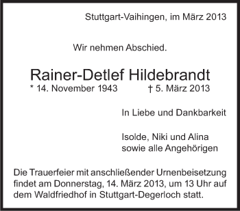 Traueranzeige von Rainer-Detlef Hildebrandt von Stuttgarter Zeitung / Stuttgarter Nachrichten