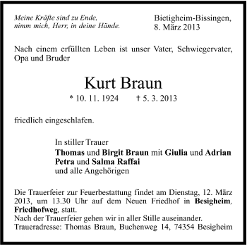Traueranzeige von Kurt Braun von Stuttgarter Zeitung / Stuttgarter Nachrichten