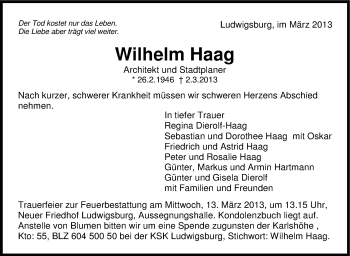 Traueranzeige von Wilhelm Haag von Stuttgarter Zeitung / Stuttgarter Nachrichten