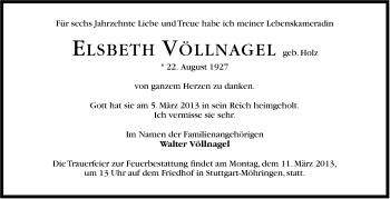 Traueranzeige von Elsbeth Völlnagel von Stuttgarter Zeitung / Stuttgarter Nachrichten