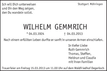 Traueranzeige von Wilhelm Gemmrich von Stuttgarter Zeitung / Stuttgarter Nachrichten