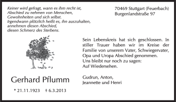 Traueranzeige von Gerhard Pflumm von Stuttgarter Zeitung / Stuttgarter Nachrichten