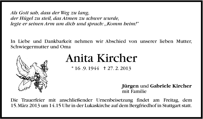  Traueranzeige für Anita Kircher vom 12.03.2013 aus Stuttgarter Zeitung / Stuttgarter Nachrichten