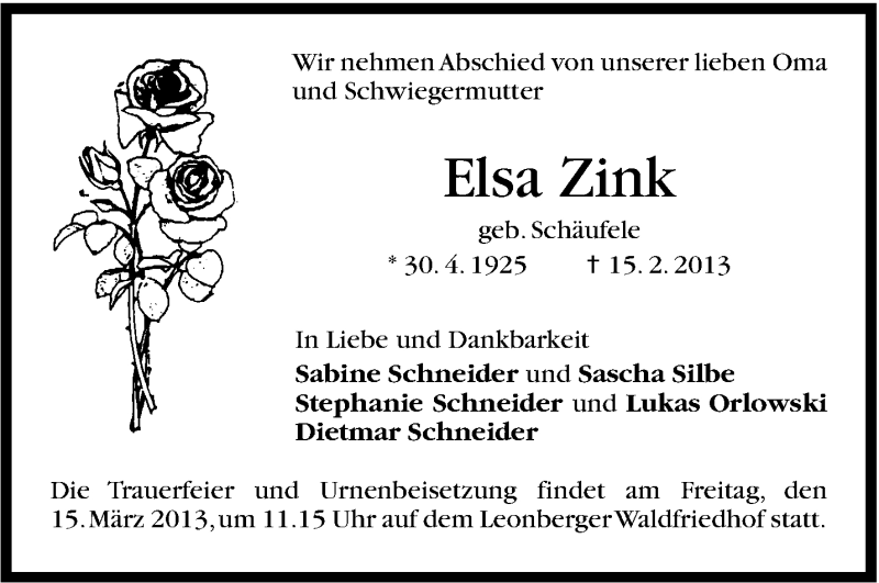  Traueranzeige für Elsa Zink vom 11.03.2013 aus Stuttgarter Zeitung / Stuttgarter Nachrichten