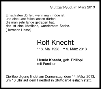 Traueranzeige von Rolf Knecht von Stuttgarter Zeitung / Stuttgarter Nachrichten