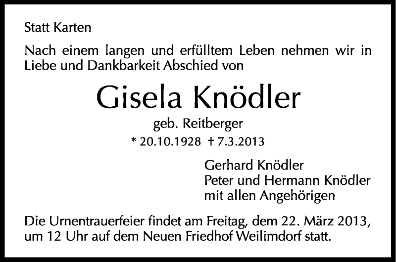  Traueranzeige für Gisela Knödler vom 18.03.2013 aus Stuttgarter Zeitung / Stuttgarter Nachrichten