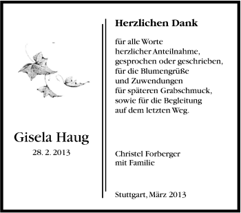 Traueranzeige von Gisela Haug von Stuttgarter Zeitung / Stuttgarter Nachrichten
