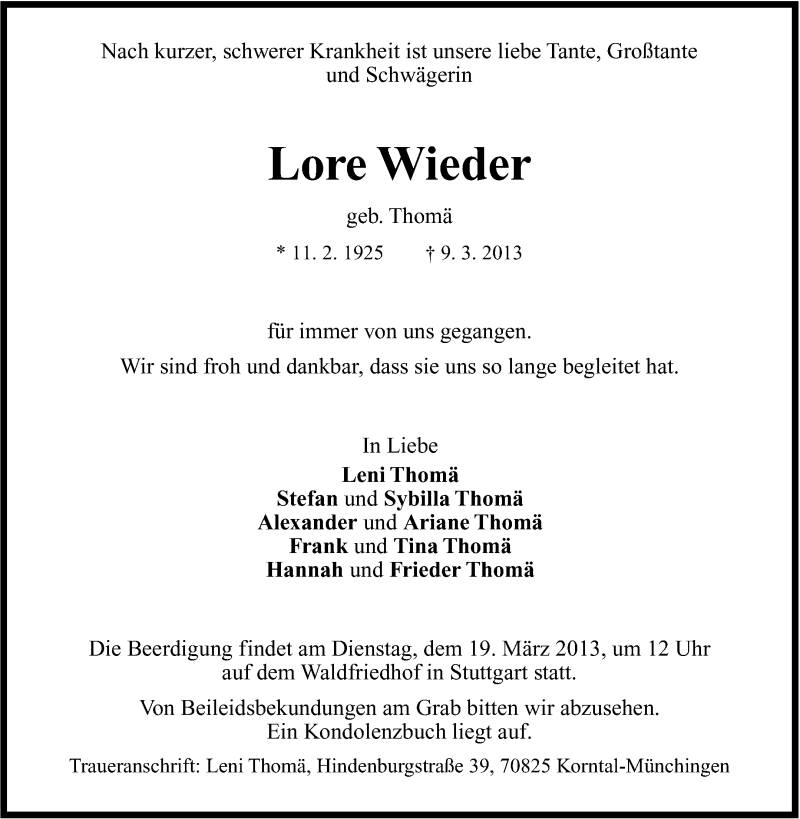  Traueranzeige für Lore Wieder vom 13.03.2013 aus Stuttgarter Zeitung / Stuttgarter Nachrichten