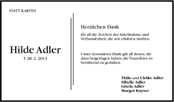 Traueranzeige von Hilde Adler von Stuttgarter Zeitung / Stuttgarter Nachrichten