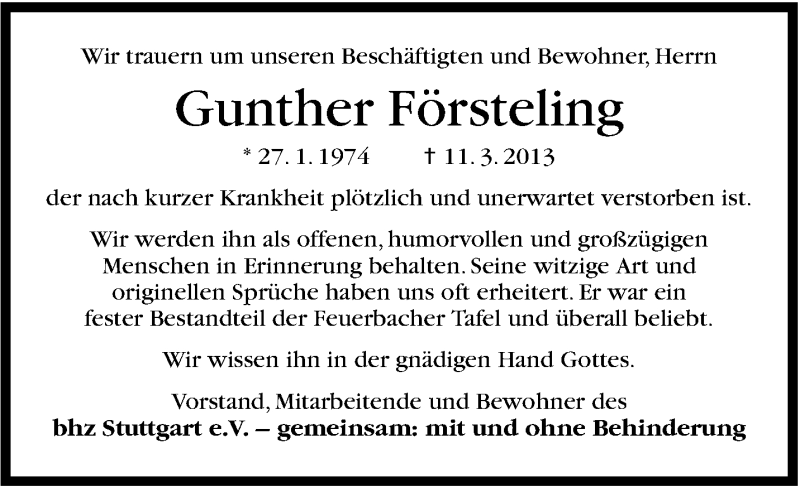  Traueranzeige für Gunther Försteling vom 16.03.2013 aus Stuttgarter Zeitung / Stuttgarter Nachrichten
