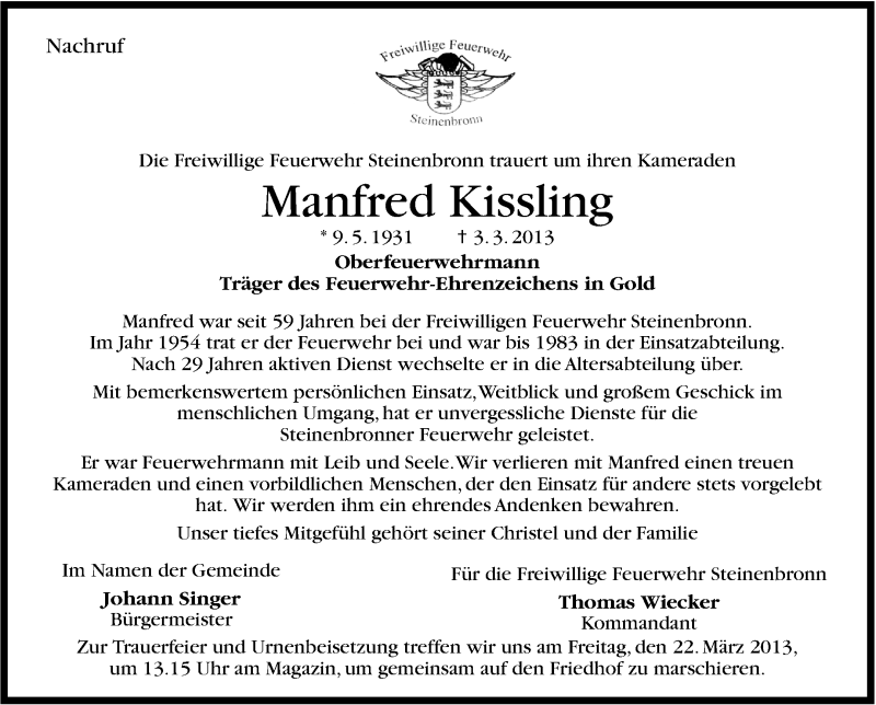  Traueranzeige für Manfred Kissling vom 20.03.2013 aus Stuttgarter Zeitung / Stuttgarter Nachrichten
