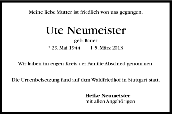 Traueranzeige von Ute Neumeister von Stuttgarter Zeitung / Stuttgarter Nachrichten