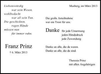 Traueranzeige von Franz Prinz von Stuttgarter Zeitung / Stuttgarter Nachrichten